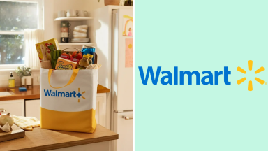 A colorful collage with a Walmart+ bag and the Walmart logo.