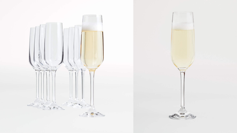 On the left, a set of champagne flutes. On the right, a solo shot of the champagne flute.