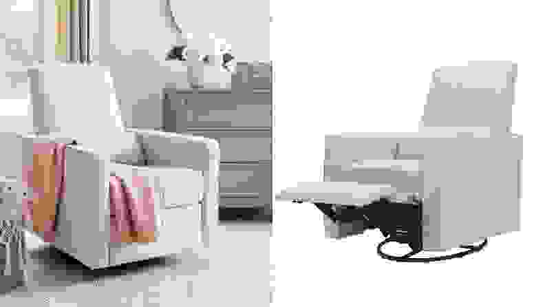 A side-by-side image of the DaVinci Piper recliner, one image in a child's nursery not reclined, the other reclined on a white background