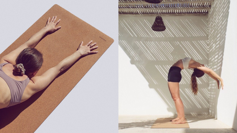 A woman doing yoga on a cork mat.