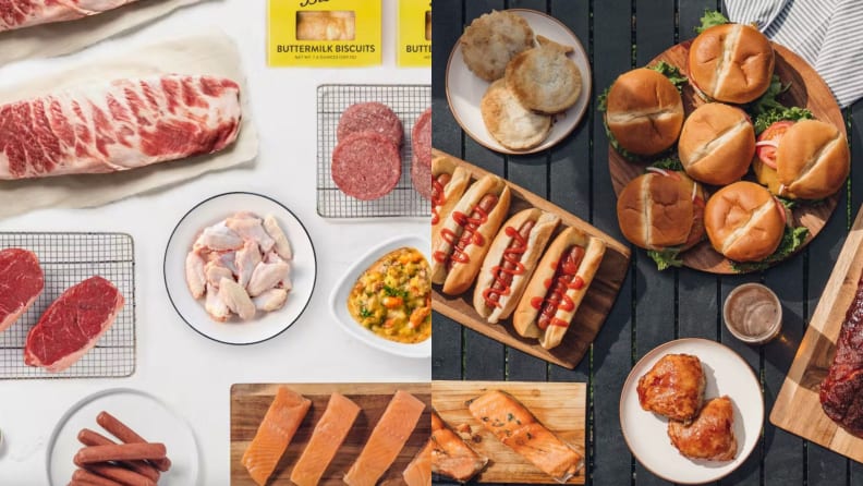 Left: raw meat and fish laid out on countertop. Right: prepared burgers, hot dogs, and grilled food on wooden table