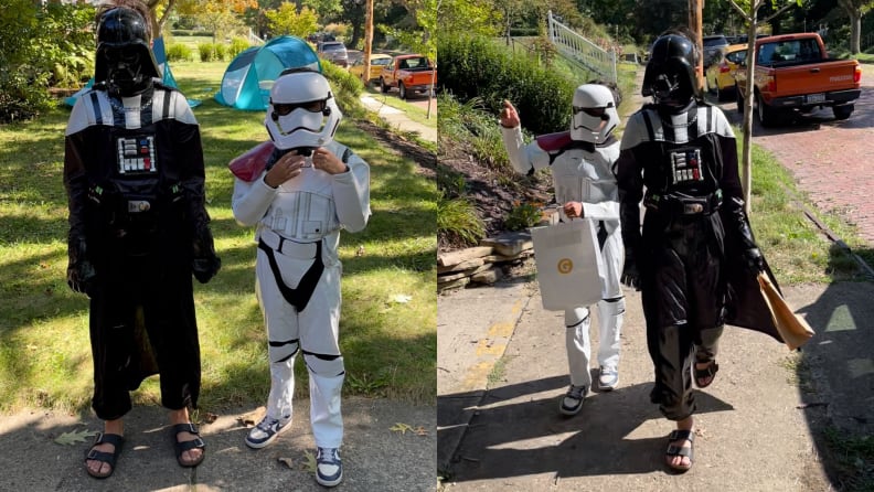 Two kids wearing Halloween costumes: one as Darth Vader, one as a Storm Trooper