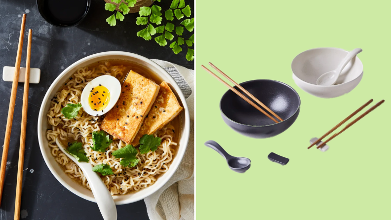 On left, ramen noodles and broth in bowl with spoons. On right, black and white ramen bowls next to spoons and chopsticks.