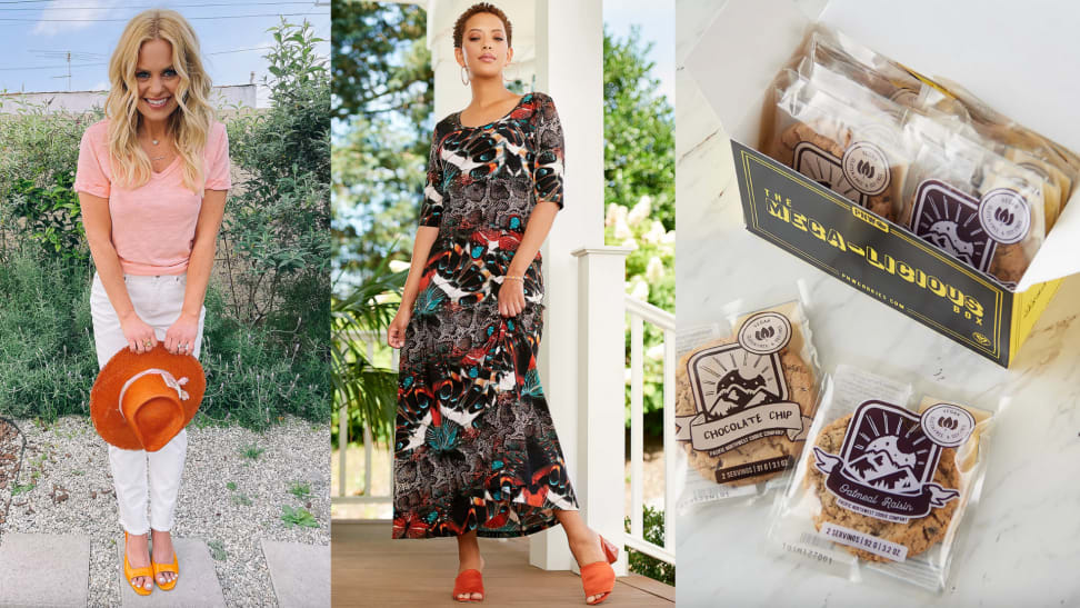 On left, woman smiling while holding hat outdoors. In middle, woman wearing multi-color maxi dress outdoors. On right, individually wrapped cookies in box.