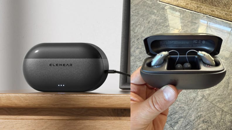 Elehear charging case on a light wooden table, next to a hand holding an open charging case showing the hearing aids