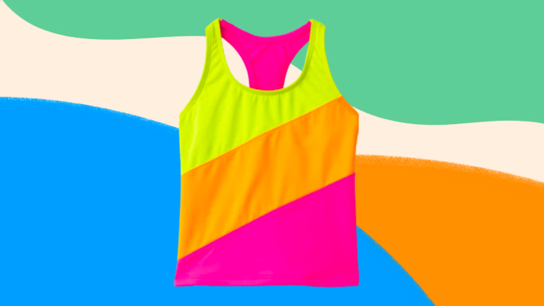 A multicolored swim shirt against a colorful background.,
