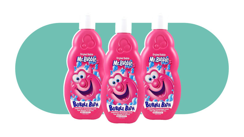 Three bottles of Mr. Bubble bubble bath on a teal background.