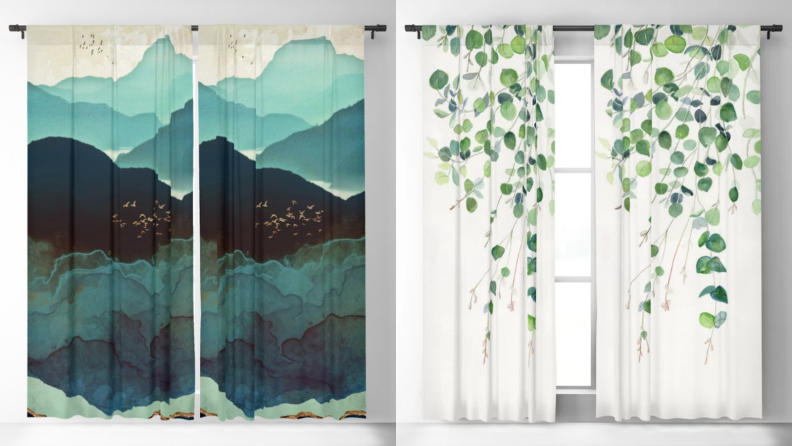 A split shot of curtains from Society6, one of the best places to buy curtains online.