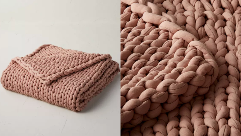 On left, product shot of pink knitted blanket folded up. On right, up close shot of pink knitted blanket.