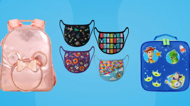 blue Mickey Mouse background with pink backpack, toy story lunchbox and pixar face masks