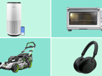 An air purifier, air fryer, headphones and lawn mower on pastel green background