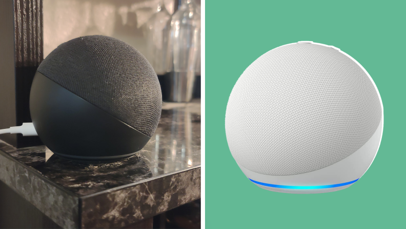 On left, Gray 5th generation Amazon Echo Dot virtual assistant speaker on granite surface. On right, product shot of gray 5th generation Amazon Echo Dot virtual assistant speaker.
