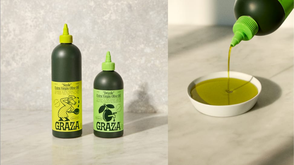 On the left, two bottles of olive oil. On the right, a drizzle of olive oil into a small bowl.