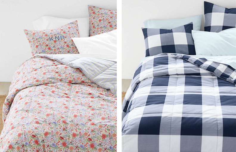 Two images of beds made up with patterned comforters