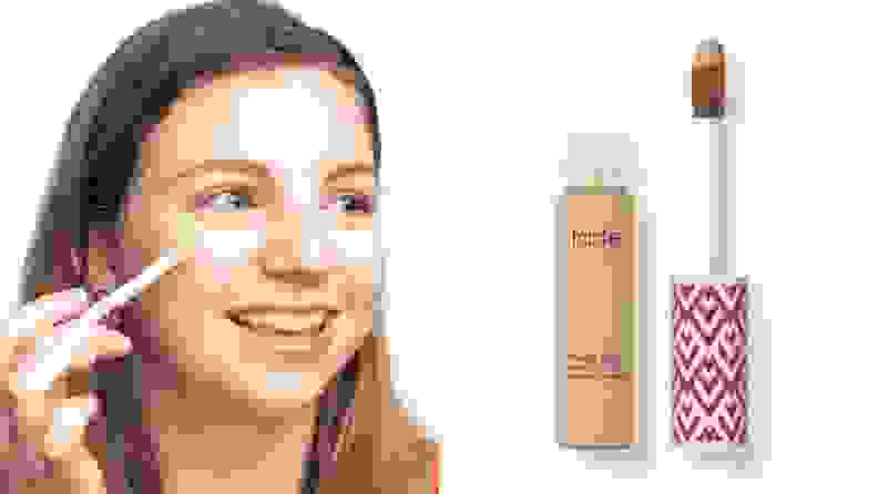 On left, person smiling while applying Tarte concealer. On right, bottle of Tarte concealer next to applicator.