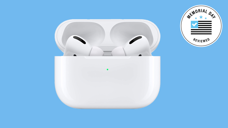 A pair of AirPods in the case against a blue background.