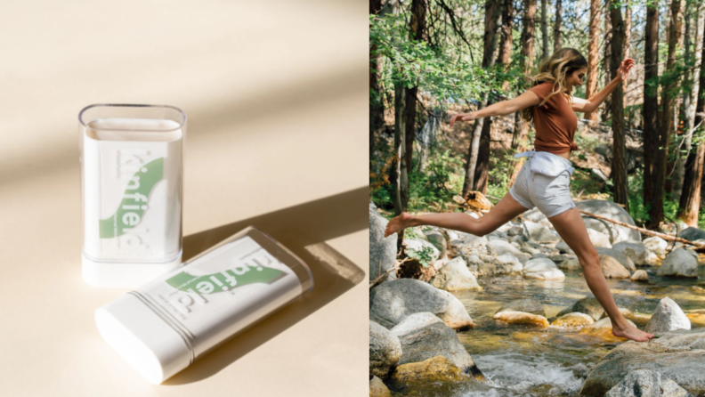 On the left: One Waterbalm moisturizer standing and one laying with on a cream background. On the right: A woman leaps over a rocky creek in a forrest.