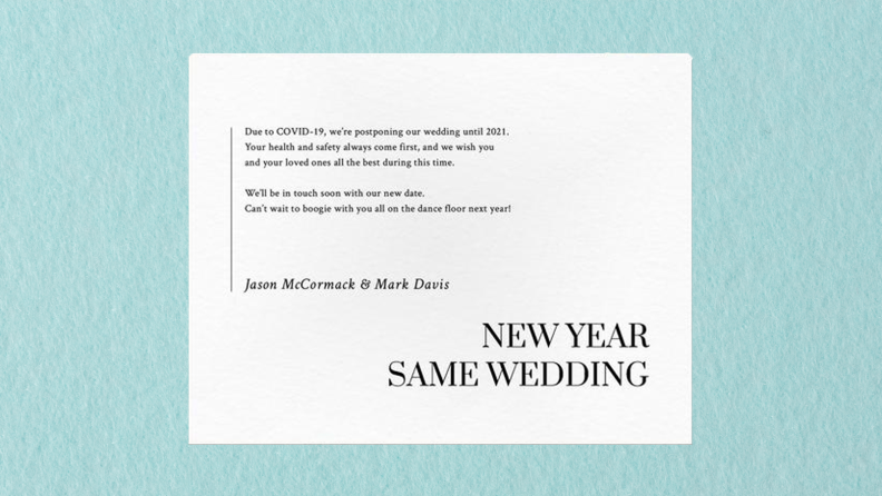A change the date wedding card from Zola