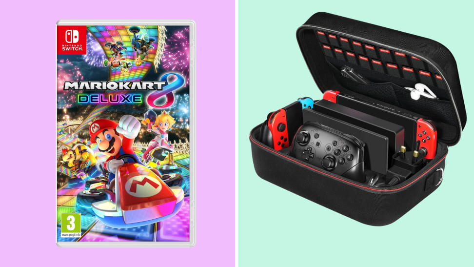 A colorful collage with Mario Kart 8 Deluxe and a Nintendo Switch case.