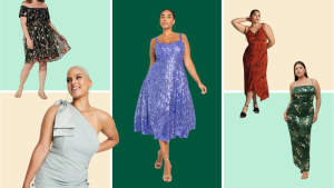 Collage image of women wearing an embroidered midi dress, a green mini dress with a bow on the shoulder, a printed red slip dress, a sequined purple dress, and a floral green gown.