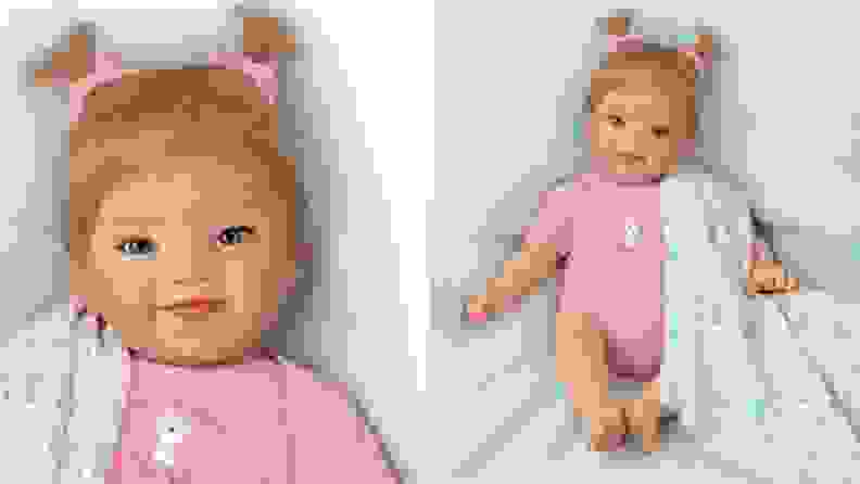A side-by side image showing a closeup of the Ashton-Drake doll's face and resting on a blanket