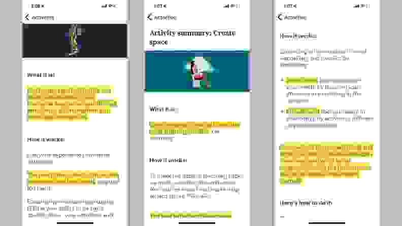 Three screenshots of text in articles within the Noom Mood app