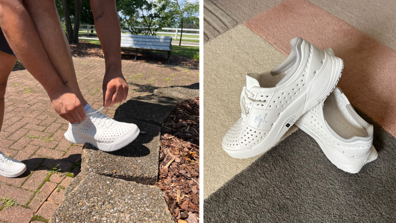 The author lacing up a pair of white sneakers, and on the right is the same pair sitting on a pink rug.