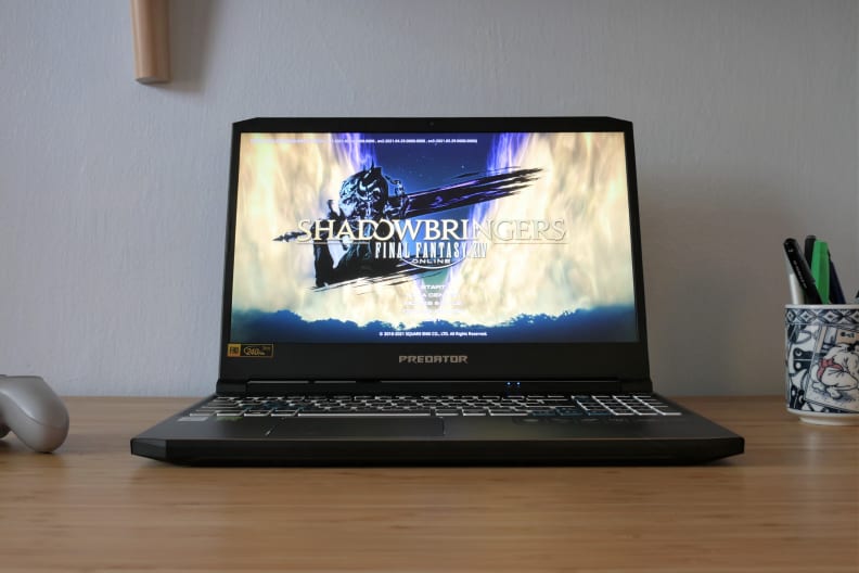 A head-on view of the laptop sitting on a desk