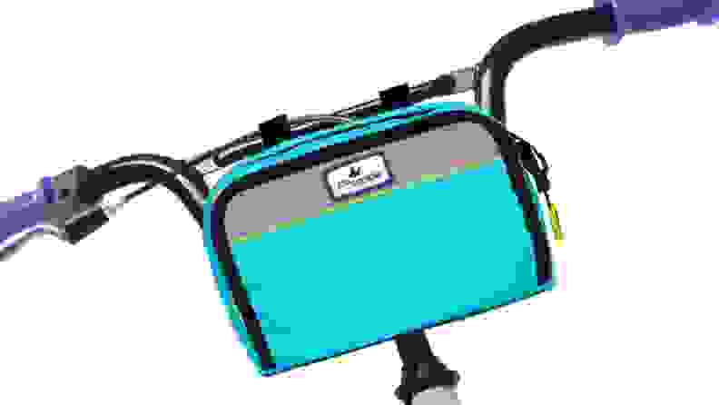 A blue handlebar bag
