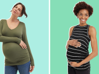 Split image of models in maternity wear from Motherhood and Maurices.