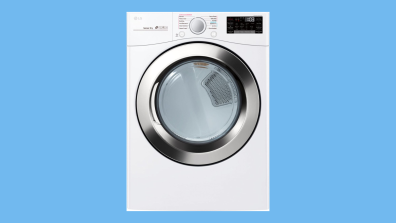 The LG DLEX3700W washer on a blue background.