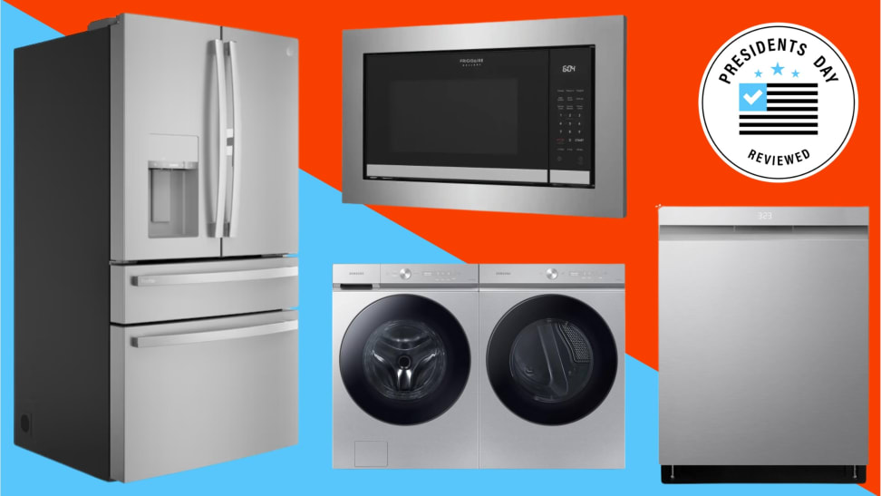 A collection of appliances with the Presidents Day Reviewed badge in front of a colored background.