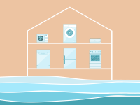 Cartoon graphic of household appliances inside of home with sea levels rising outside.
