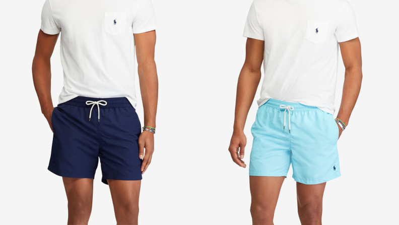 men wearing blue Polo Ralph Lauren traveler swim trunks