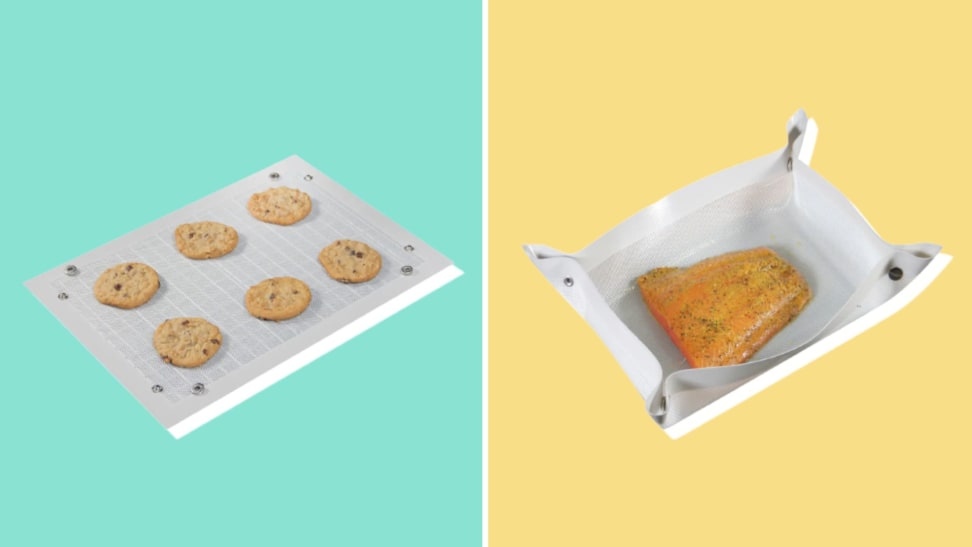 Left side: cookies on a flat baking mat. Right side: fish in a folded baking mat.