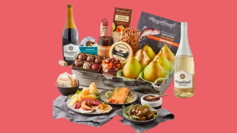 assorted gift basket with food and wine