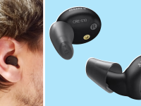 A person wearing the Sony CRE-E10 and an display image of a close-up of the hearing aids.