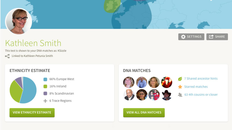 Ancestry profile screen with ethnicity estimates and DNA matches.