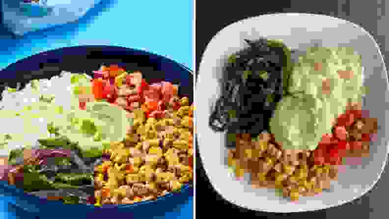 On left, an EveryPlate photo of charred corn & poblano rice bowl on blue background. On right, Reviewed image of the recipe.