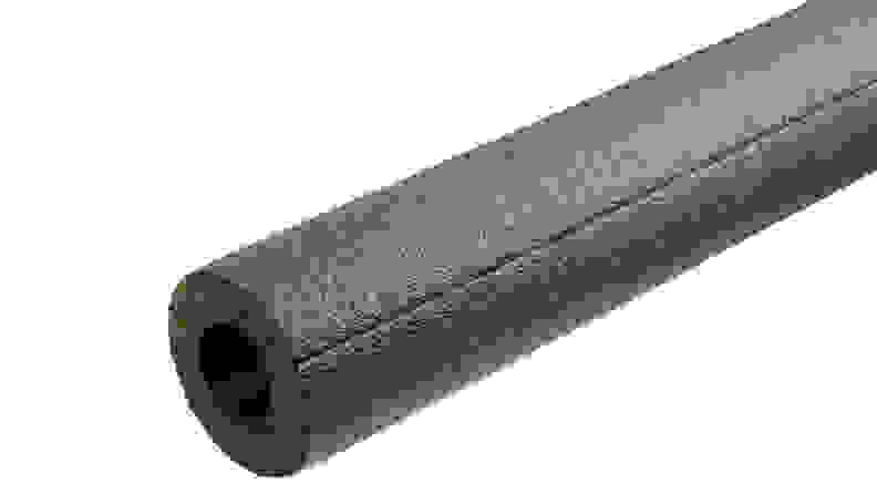 An end section of Everbilt foam pipe insulation. The foam tube has a hollow interior and a slit running along its side, to easily fit onto plumbing.