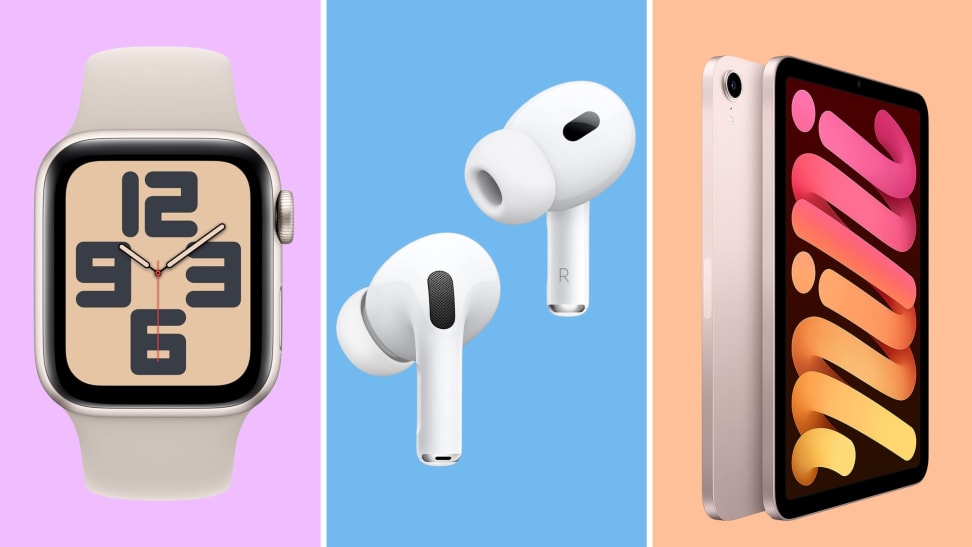An Apple Watch, a pair of AirPods Pros, and an iPad Mini in front of colored backgrounds.