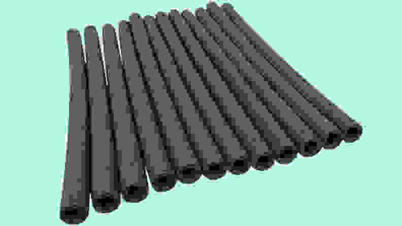An end section of Everbilt foam pipe insulation. The foam tube has a hollow interior and a slit running along its side, to easily fit onto plumbing.