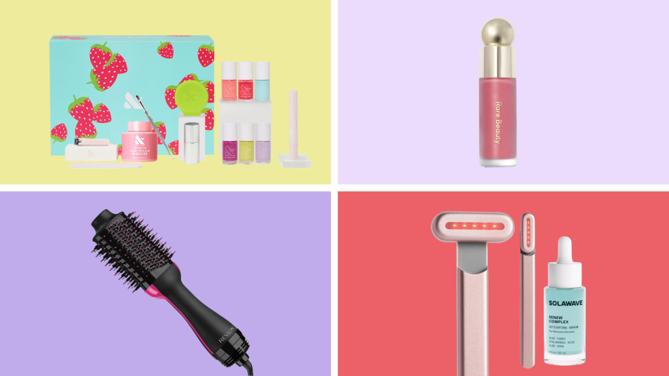 Olive and June Mani System against a yellow background on the top left, the Rare Beauty Soft Pinch Liquid Blush against a light purple background on the top right, the Revlon One-Step Hair Dryer and Volumizer against a dark purple background on the bottom left, and the SolaWave Wand against a red background on the bottom right.