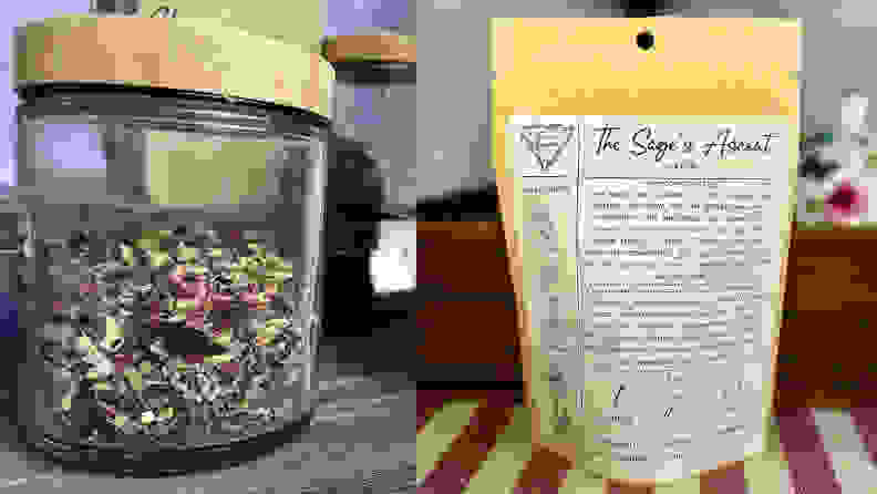 A jar full of tea leaves next to a brown bag of tea