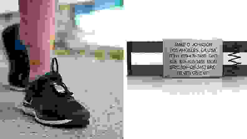 An ID badge strapped to a shoe.
