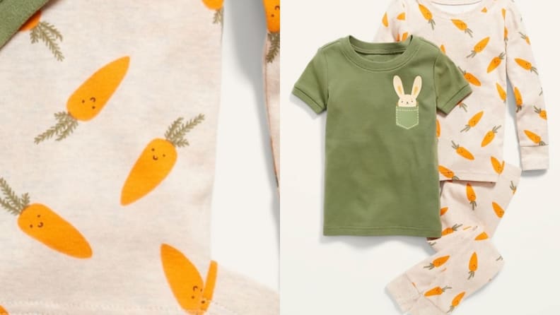 Gender-neutral pajamas in green and with carrots