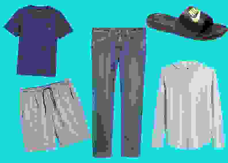 Various clothing items on blue background
