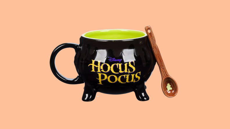 A hocus pocus mug on an orange background