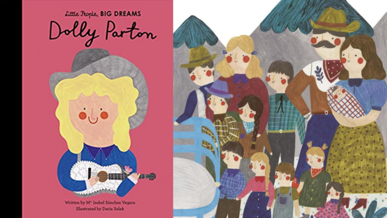 Children's book about Dolly Parton, with cartoon character holding guitar. On left, cartoon family.