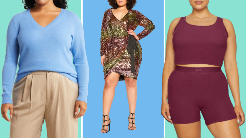 Collage of three plus size options: a blue sweater, a sequined dress, and a burgundy matching athleisure set.